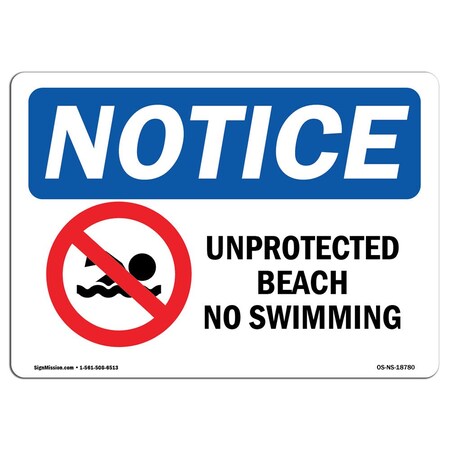 Signmission Safety Sign, OSHA Notice, 10" Height, Unprotected Beach No Swimming Sign With Symbol, Landscape OS-NS-D-1014-L-18780